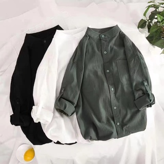 เสื้อเชิ้ตคอจีนผ้าลินินแขนยาวผู้ชายสีพื้น เนื้อผ้าสวมใส่สบาย ผ้าเนื้อบาง รูปแบบทันสมัยตามเทรนด์สไตล์เกาหลี สินค้าพร้อมส่