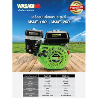 เครื่องยนต์เบนซิน  รุ่น WAE-160 5.5HP / รุ่น WAE-200 6.5HP มีให้เลือก ถังสีดำ ถีงสีเหลือง เครื่อง 4 จังหวะ WASABI