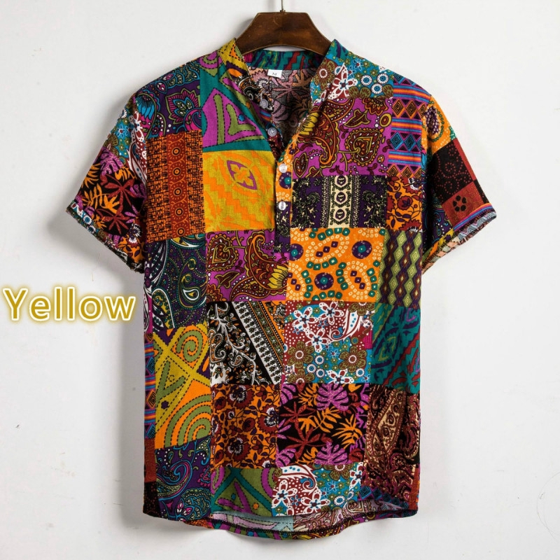 Mens ethnic style floral printing shirt cotton seaside short on sale sleeve loose ethnic style casual shirt