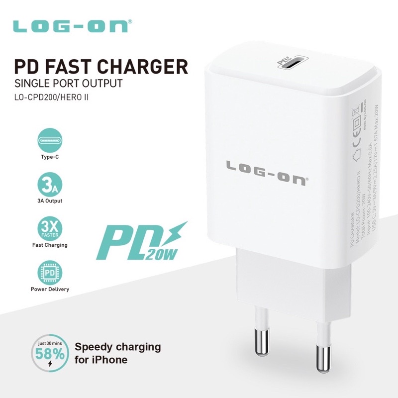 LOG-ON จัดส่งที่รวดเร็ว CHARGER 20W USB C LO-CPD200 หัวชาร์จ