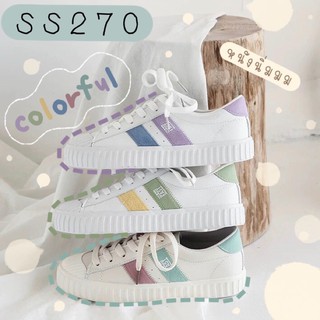 SS270 รองเท้าผ้าใบหนังนิ่มสีพาสเทลสวยๆหวานๆน่ารัก พื้นขาวโอโม่ คาดสองแถบน้ำเงินม่วง/เหลืองเขียว/ชมพูมิ้น