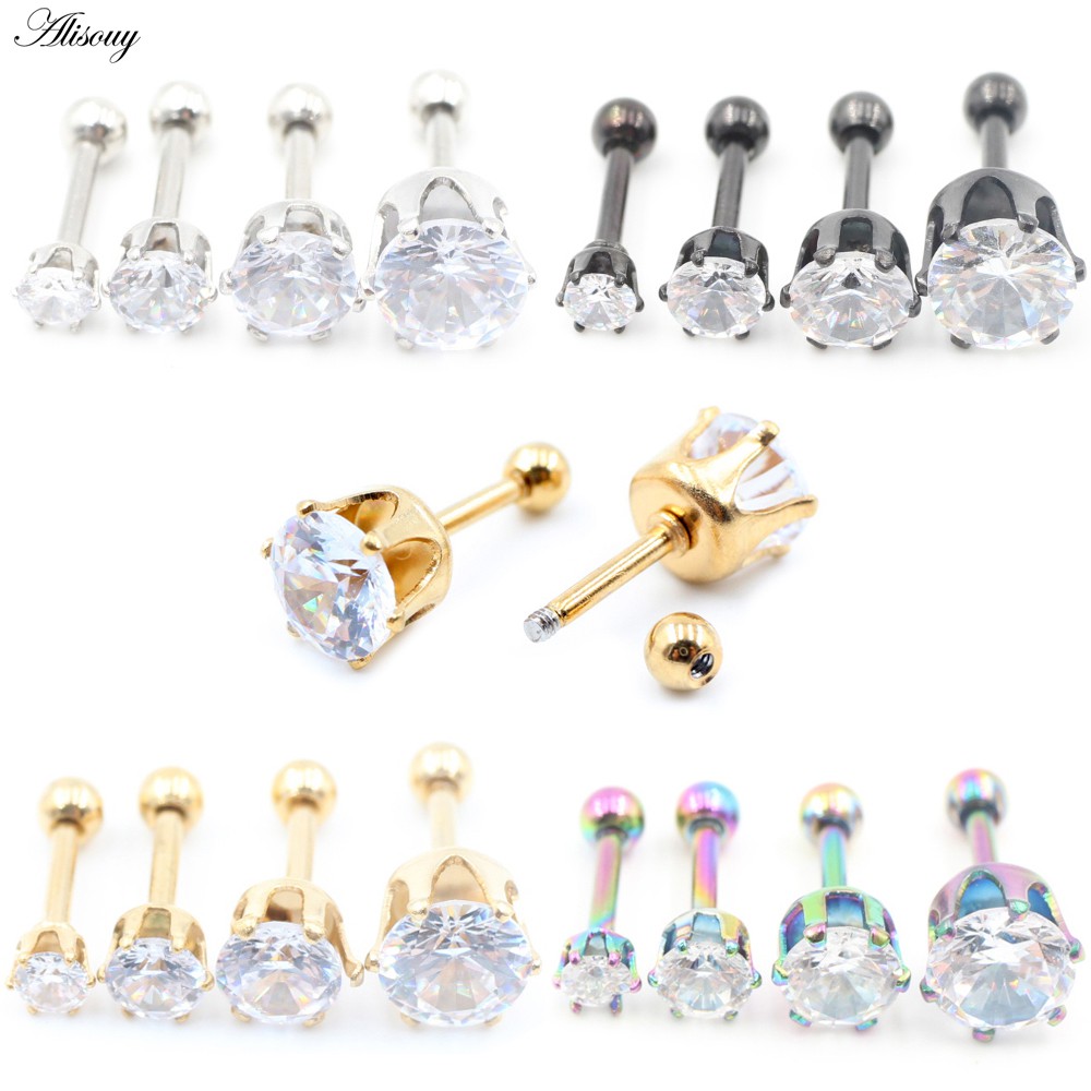 Alisouy 2 ชิ้น 3-6 มิลลิเมตรต่างหูสตั๊ดหู Hypoallergenic รอบ Cubic Zirconia สแตนเลส CZ สาวคุณภาพสูงต่างหูผู้หญิง
