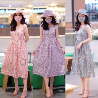 J13051 Dress เดรส แขนกุด ลายดอกไม้ + หมวก + แมสลายดอก