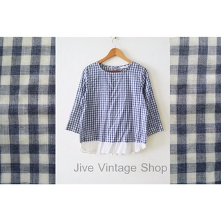 เสื้อญี่ปุ่นมือสอง zakka style ผู้หญิง แขนสามส่วน ลายตาราง gingham สีฟ้าขาว แต่งชายสีขาว สภาพดี minimal