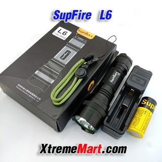 ไฟฉาย SupFire L6  XM-L2 U2 LED สว่าง 1100 Lumens 10W 5 โหมด พร้อมแบตเตอรี่ 26650 และเครื่องชาร์จ