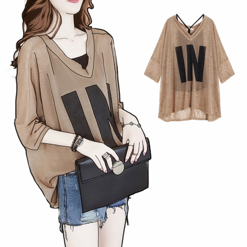 เสื้อเบลาส์ลําลอง แขนสั้น คอวี พิมพ์ลายตัวอักษร ทรงหลวม พลัสไซซ์ แฟชั่น ...