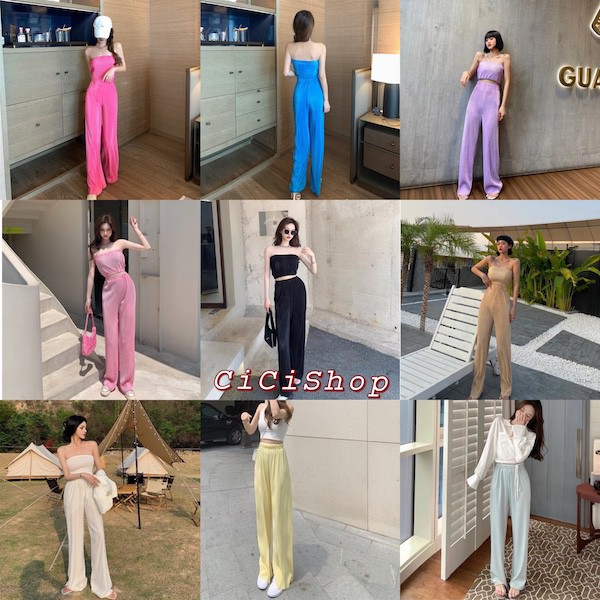 Cicishop(SALE/สุ่มสี 9980/991)ชุดเช็ต 2 ชิ้น เกาะอก+กางเกงขายาว ผ้าอัดพลีท เก๋ๆ สีสวยมาก ใส่แล้วสวยหรู ดูสูงเพรียวเลย