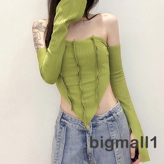 Bigmall-เสื้อยืดเปิดไหล่แขนยาวสําหรับผู้หญิง