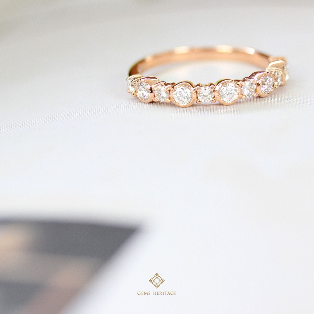 Gems Heritage : แหวนเพชรแถว ครึ่งวง สไตล์สาวหวาน (rpg382) เพชรแท้น้ำ 98 เรือน 18k pink gold พร้อมใบรับประกัน