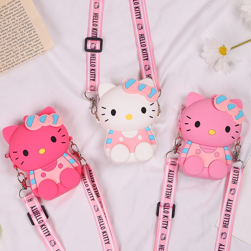กระเป๋าสะพายไหล่ กระเป๋าเมสเซนเจอร์ ซิลิโคน ลายการ์ตูนคิตตี้ น่ารัก สําหรับเด็กผู้หญิง