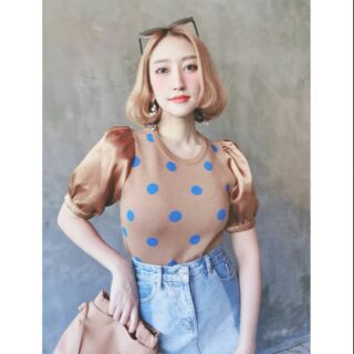 เสื้อไหมพรมแขนสั้น คอกลม ทอลายPOLKA DOT