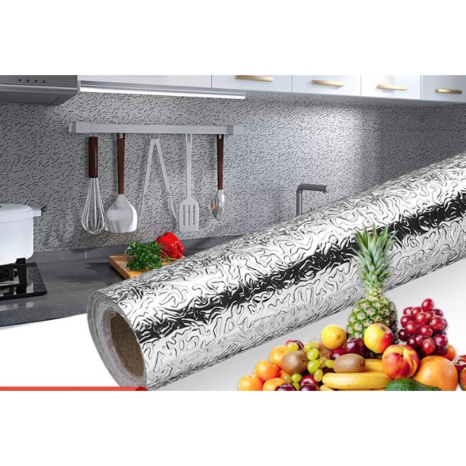 สติกเกอร์ฟอยล์อลูมิเนียม self adhesive Wallpaper กันน้ำมันกระเด็น กันความร้อน ใช้สำหรับติดผนังห้องคร