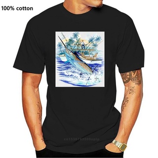 T-shirt  กระหน่ํา เสื้อยืดลําลอง แขนสั้น คอกลม พิมพ์ลาย Guy Harvey Marlin and Boat 2 สีขาว สําหรับผู้ชาย เหมาะกับการตกปล