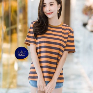 La dress 📌L01👕 สื้อยืดคอกลมลายริ้ว ผ้าคอทตอน