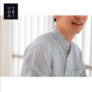 CHATRI [ชาตรี] - เสื้อเชิ้ตแขนยาวผ้าคอตตอนลายตาราง สีน้ำเงิน-เขียว คอจีน-(Checked Long Sleeve Shirt - Blue/Green)