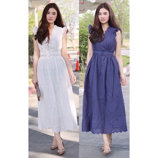 Maxi Dress คอวีลึก แขนระบาย