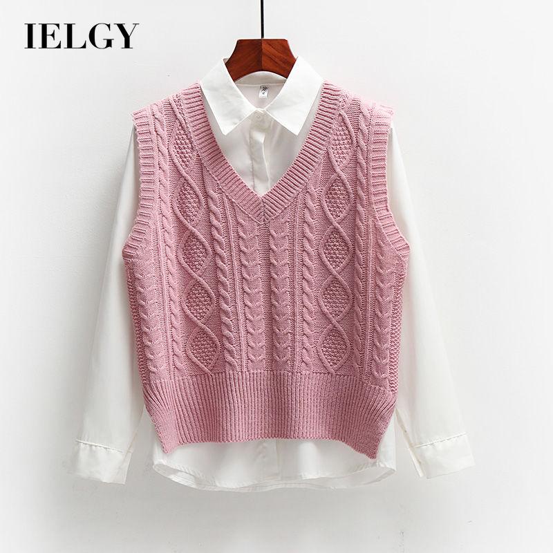 IELGY เสื้อกั๊กถักแขนกุดสไตล์เกาหลีสไตล์วิทยาลัยหลวม