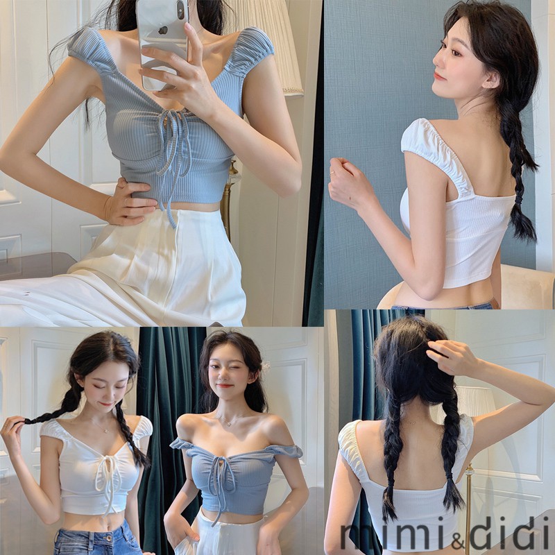 mimi&didi 56008 เสื้อเปิดไหล่ เสื้อกล้าม รัดรูป สายผูกโบว์เปิดรูอก เสื้อไหมพรม ชักร่อง