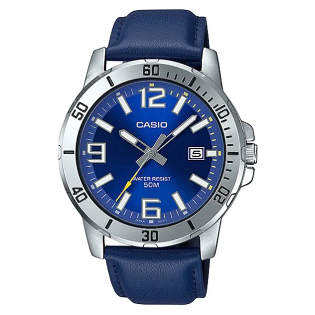 Casio Standard นาฬิกาข้อมือผู้ชาย สายหนังแท้ รุ่น MTP-VD01L,MTP-VD01L-2B - สีน้ำเงิน