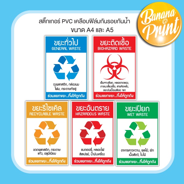 สติ๊กเกอร์สำหรับติดถังขยะ PVC กันแดดโดนน้ำได้ เพื่อใช้คัดแยกขยะ สำหรับติดหน้าถังขยะพลาสติก ขนาด A4 และ A5 (STK-19)