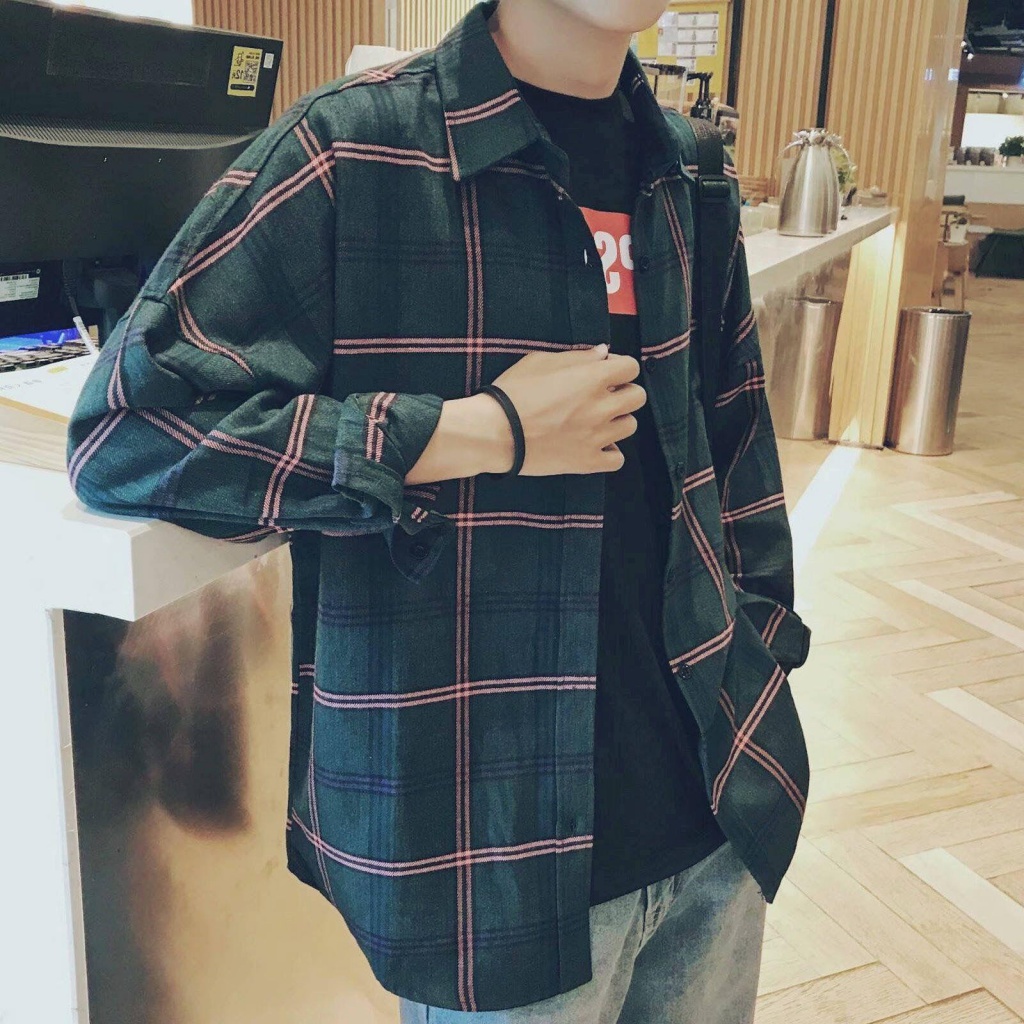 เสื้อเชิ้ตแขนยาวลําลอง ผ้าฝ้าย ลายสก๊อต สวมใส่สบาย เหมาะกับฤดูใบไม้ผลิ และฤดูร้อน สําหรับผู้ชาย 2021