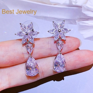 Best Jewelry ต่างหูระย้าเพชรcz ดีไซสดอกไม้ หยดน้ำจัดส่งฟรี