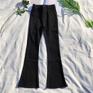 2022 new micro flared pants black raw edge flared trousers nine points high waist Korean version slim black pants . กางเ