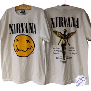 H NIRVANA SMILEY เสื้อวง เสื้อทัวร์ ป้าย giant made in USA. เสื้อยืดคอกลมผ้าฝ้าย