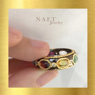 แหวนนพเก้าแท้ แบรนด์ Naft Jewlery ตัวเรือนเงินแท้รมดำขอบทอง