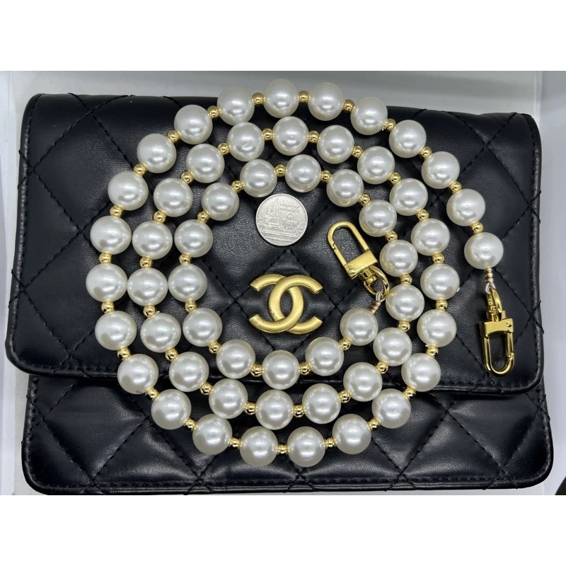 สายกระเป๋าไข่มุก 14 มม. คั่นลูกปัดโลหะสีทอง 18K