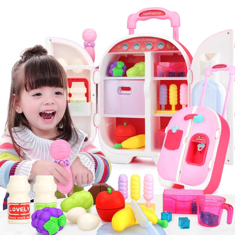 พูดคุยของเล่นเด็กตู้เย็นจำลองขนาดใหญ่สองประตูเล่นครัวบ้านเด็กชายและเด็กหญิงขนาดเล็กรถเข็นกล่อง