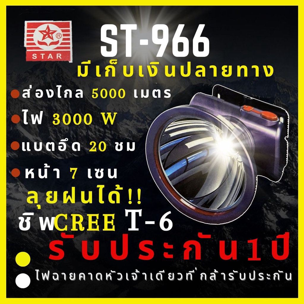 [ประกัน 1 ปี ชิพT6 ใหม่ล่าสุด] ST-966 ไฟฉายคาดหัว 3,000 W หน้า 7 CM ส่องไกล5000เมตร ลุยฝน น้ำหนักเบา