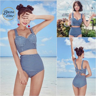 🏖BikiniTime (M-XL) SB54 ทูพีซ ลายสก็อตน้ำเงิน ชุดว่ายน้ำแฟชั่น กางเกงเอวสูงเก็บพุง บิกินี่ ชุดเที่ยวทะเล
