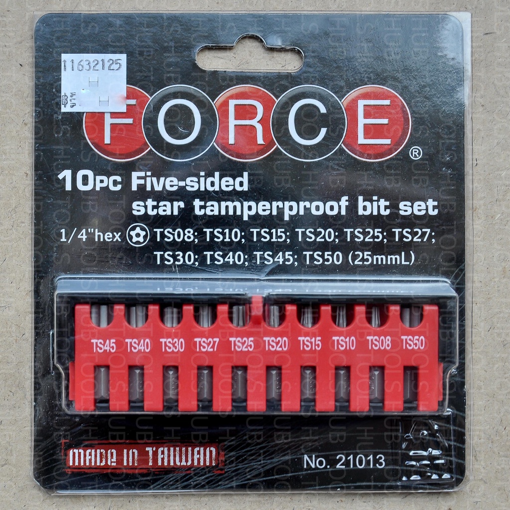 ชุดดอกไขควงหัวจีบ10ชิ้น FORCE ดอก TORX 5แฉกมีรูกลาง TS08,10,15,20,25,27,30,40,45,50 (25mmL)รุ่น 21013
