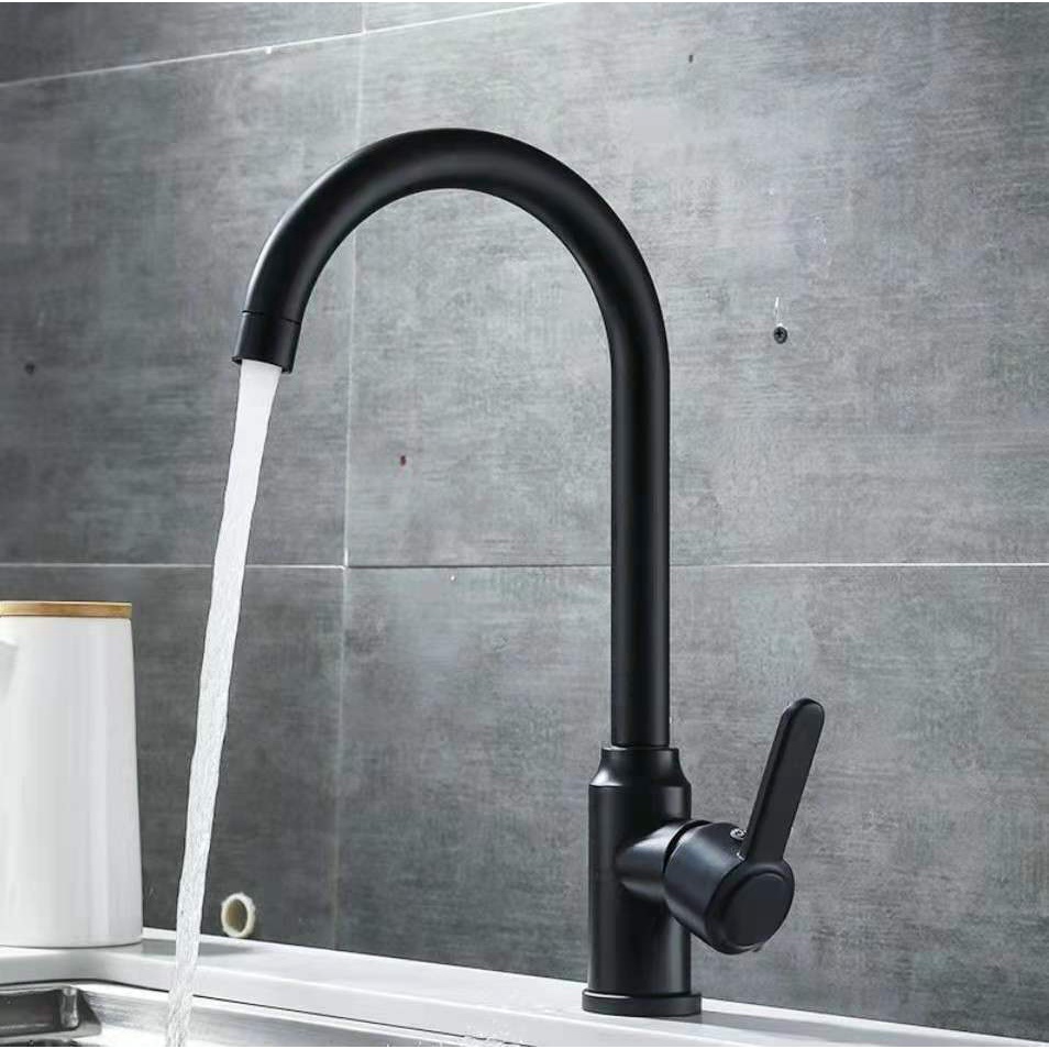 ก๊อกน้ำอ่างล้างจาน ก๊อกน้ำซิงค์ล้างจาน 2ระบบร้อน-เย็น คอหมุนได้360° สแตนเลส304 สีดำ Black Faucet รุ่น FF909