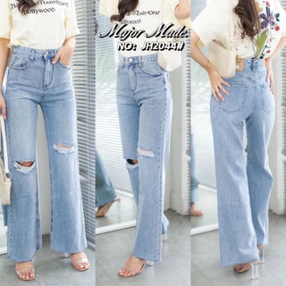 JH2044#S-XL#ยีนส์ยืดขากระบอกแต่งขาด#jeans house