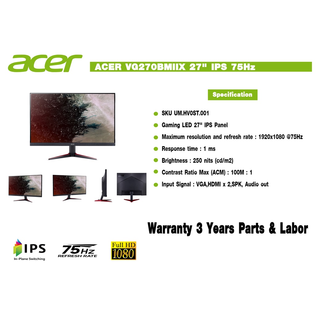 [ประกัน 3 ปี] MONITOR ACER VG270BMIIX 27" =IPS 💥 75Hz=