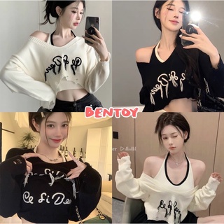 Bentoy(B102)เซ็ท2ชิ้น เสื้อสเวตเตอร์แขนยาว+สายเดี่ยวห้อยคอ ลายอังกฤษสุดฮิต ปาดไหล่ได้