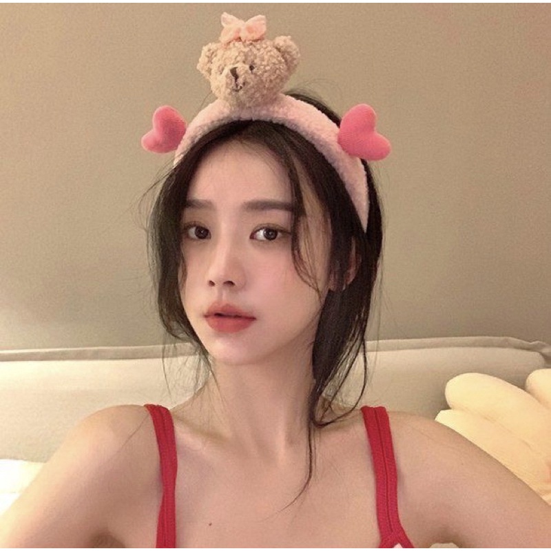คาดผมตุ๊กตา หัวหมีมีหัวใจ น่ารักๆ น้องหมีขนฟูนุ่มนิ่มมากๆสินค้าใหม่ของเกาหลี ที่คาดผมผ้ากำมะหยี่