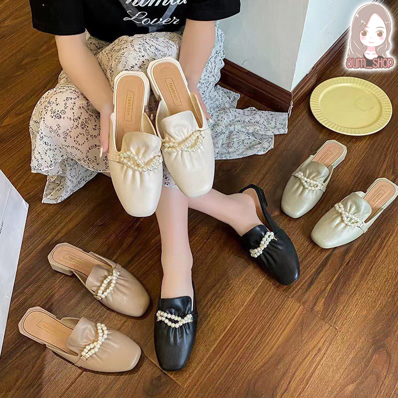 รองเท้าแบบสวม คัทชูผู้หญิง รองเท้าเปิดส้น สร้อยมุก T76