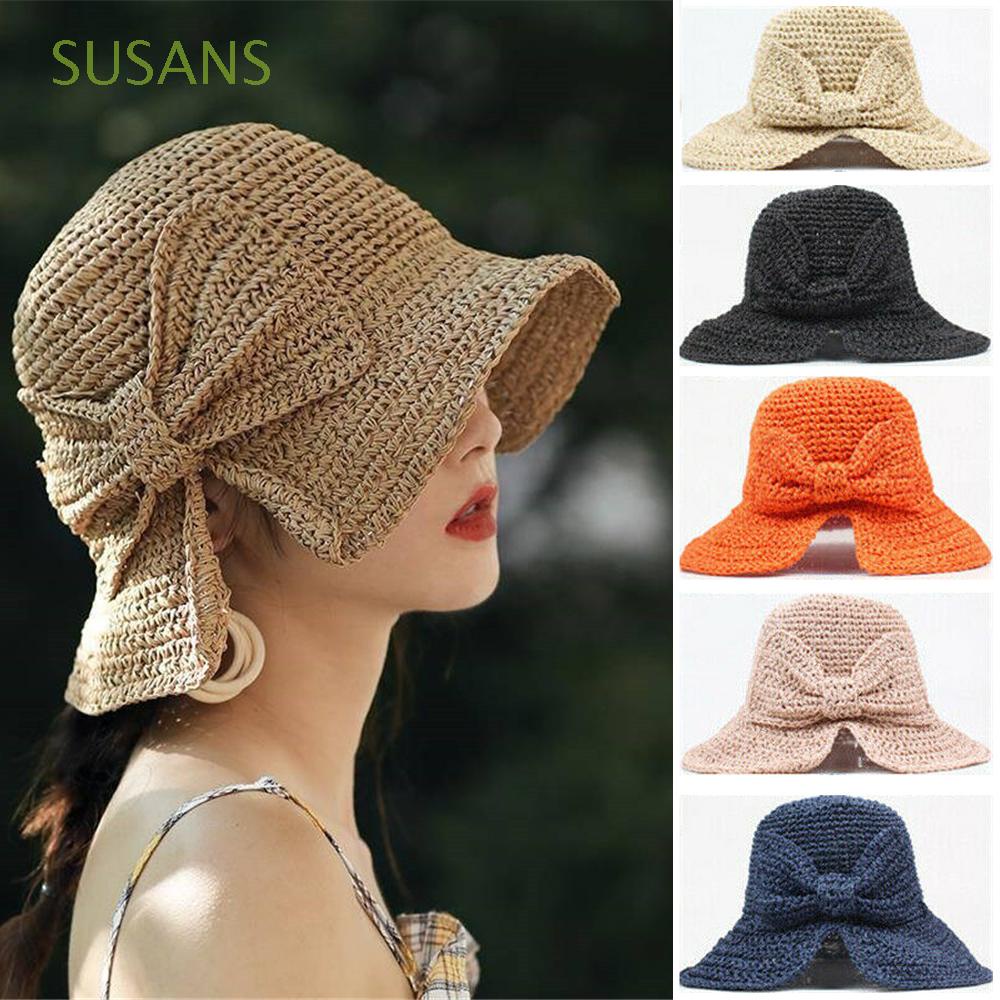 Susans Women Straw Hats Summer Beach Cap Sun Hat Fashion Bow Foldable