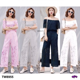 👗Pfashion [ส่งไว!!🚛] P8955  Set ลูกไม้ปาดไหล่ + กางเกงขายาว + เกาะอก   Set of lace off the shoulder + long pan