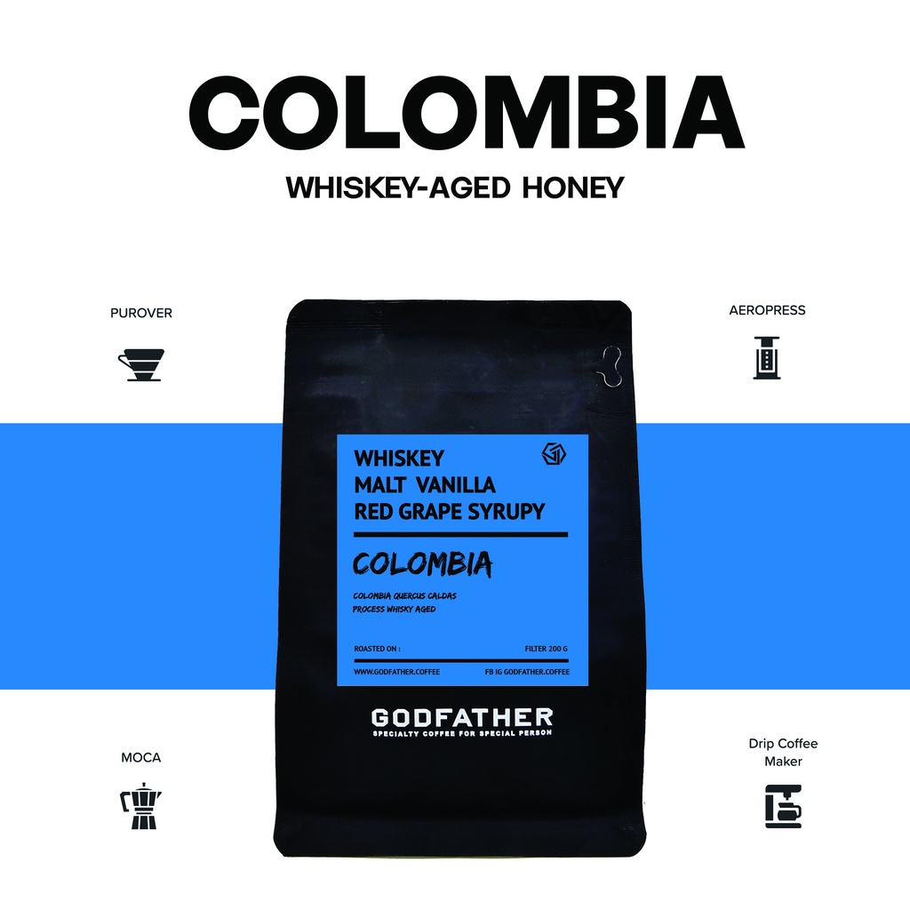 เมล็ดกาแฟคั่วอ่อน Colombia Whiskey Aged  ( โคลัมเบีย) แบรนด์ Godfather Coffee