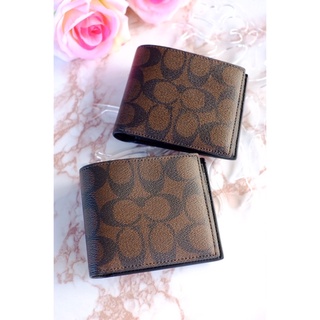 ☕️🫖🍩สีมาใหม่สีกาแฟลาย c  กระเป๋าสตางค์ชาย 3 IN 1 WALLET IN BLOCKED SIGNATURE CANVAS (QBMAA)