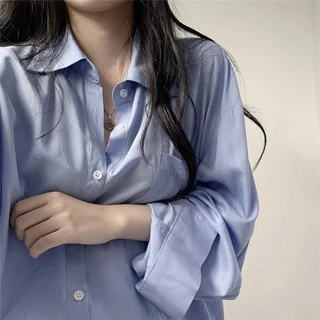 ล้างสต็อก🔥 PB2800 เสื้อเชิ้ตผู้หญิง oversize ผ้าคัตตอล อย่างดี เสื้อเชิ้ตแขนยาวกันแดดชิคสไตล์เกาหลี สีขาว/ฟ้า