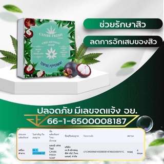 สบู่อารมณ์ดี Canbefresh สำหรับผิวหน้าและผิวกาย ลดสิว ผิวสวย ช่วยเรื่องสะเก็ดเงิน ผสมสารสกัดมังคุด แถมฟรีตาข่ายตีฟอง