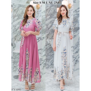 Iงานป้าย Fairyangel {S-2XL} (ป้ายแท้)(เช็คของก่อนโอนเงิน) มี 5 ไซส์ ชุดเดรสยาวกระโปรงอัดพลีท มีเชื่อกผูกเอว 1091