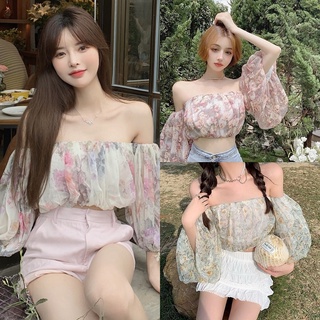 Korean🧧 เสื้อครอปแขนยาวพองๆ ลายดอกไม้ 3 ลาย ทรงเปิดไหล่