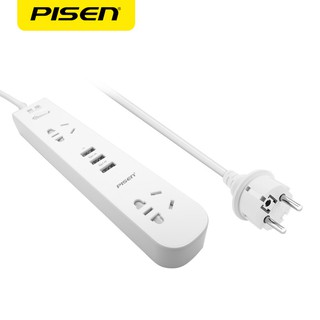 Pisen K23 Slim Power Strip รางปลั๊กไฟ 2 ช่องพร้อม USB 3 ช่อง ขนาดกะทัดรัด ความยาว 1.8m. (White) ปลั๊ก EU ขากลม 2 ขา