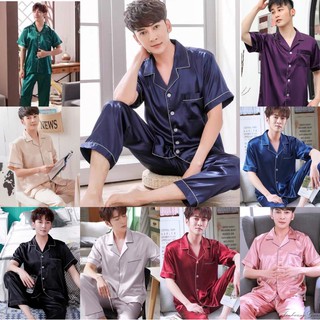 ชุดนอนแฟชั่นเกาหลี，ชุดนอนผ้าซาตินของผู้ชาย สีล้วนเเละพิมลาย  รุ่น2813